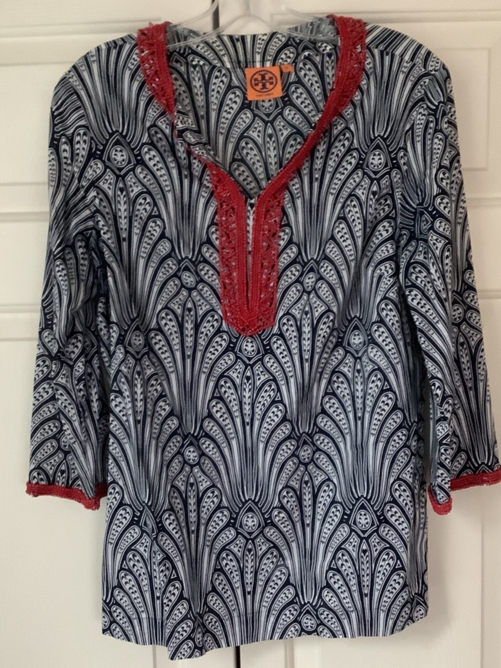 Tory Burch Navy & White Printed Tunic with Red Trim